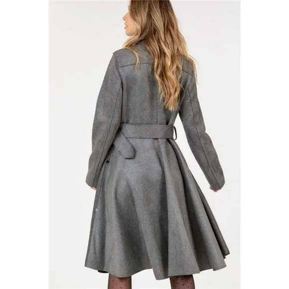 Grey - Waist Belt Long Sleeve Faux Suede Coat/ Zipper & Button Detail - Picture 4 of 5